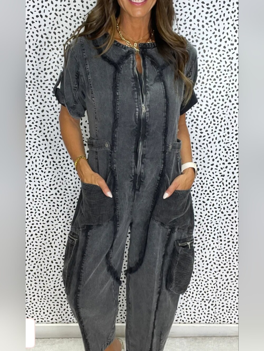 Oli & Hali Washed Black Zip-Front Oversized Utility Jumpsuit L Ptp 24